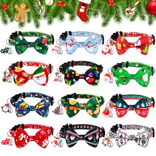 Abbylike 12 Stück Weihnachten Katzenhalsband mit Fliege und Glocke Haustier Halsbänder mit verstellbarer Schnalle Niedliche Schneeflocke Lebkuchen Schneemann Santa Kitty Halsband für Katzen Haustiere von Abbylike