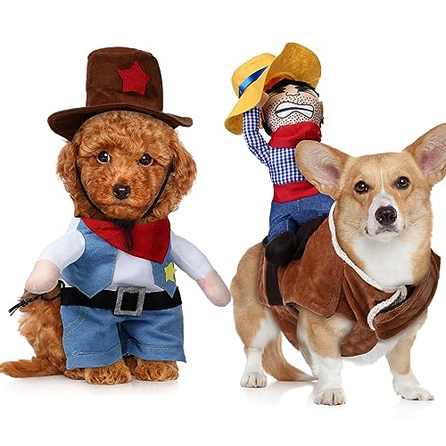 Abbylike 2 Stück Halloween Cowboy Reiter Hund Kostüm Ritter Stil Haustier Kostüm mit Puppe und Hut Lustige Halloween Kostüme für Hunde Haustier Anzug Hunde Kleidung Cosplay Bekleidung für Katze Hund von Abbylike