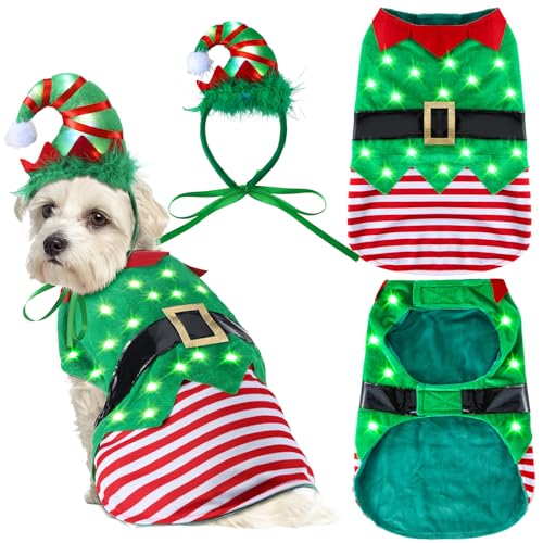 Abbylike 2 Stück Weihnachts-Hundekleidung Anzug LED Weihnachten Haustier Stirnband Hund Outfit mit buntem LED-Licht Doggy Cosplay Schönes Xmas Hund Kostüm Zubehör für Party Urlaub Kleine Mittlere von Abbylike