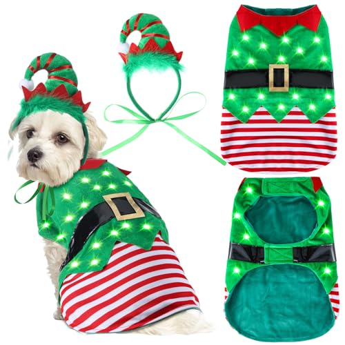 Abbylike 2 Stück Weihnachts-Hundekleidung Anzug LED Weihnachten Haustier Stirnband Hund Outfit mit buntem LED-Licht Doggy Cosplay Schönes Xmas Hund Kostüm Zubehör für Party Urlaub Kleine Mittlere von Abbylike