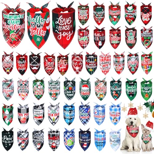 Abbylike 50 Stück Weihnachten Plaid Hund Bandanas Bulk Urlaub Hund Schal Lätzchen Welpen Bandanas Verstellbar Waschbar Halstuch Haustier Kostüm Zubehör Pflege Zubehör für kleine bis mittelgroße Katzen von Abbylike