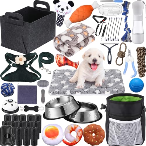 Abbylike 50-teiliges Welpen-Starter-Set für kleine Hunde, enthält Hundeleine, Näpfe, Zahnbürsten, Wasserflasche und mehr Welpenzubehör für Hunde, Willkommensgeschenk (schwarz) von Abbylike