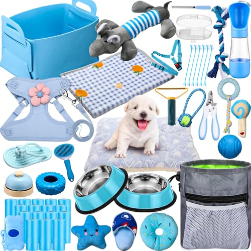 Abbylike 50-teiliges Welpen-Starter-Set für kleine Hunde, enthält Leine, Näpfe, Zahnbürsten, Wasserflasche und mehr Welpenzubehör für Hunde, Willkommensgeschenk (männlich) von Abbylike