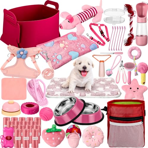 Abbylike 50-teiliges rosa Welpen-Starter-Set für kleine Hunde, enthält Hundeleine, Spielzeug, Näpfe, Bürsten, Wasserflasche und mehr Welpenzubehör für Mädchen, Hunde, Willkommensgeschenk für Ihre von Abbylike