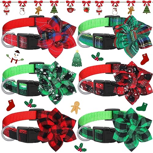 Abbylike 6 Stück Weihnachts-Hundehalsband mit Blume, verstellbar, rot, grün, kariert, Schneeflocke, Baumwolle, Welpenhalsband, Weihnachts-Hundehalsband mit abnehmbarem Blumenmuster für Hunde Welpen von Abbylike