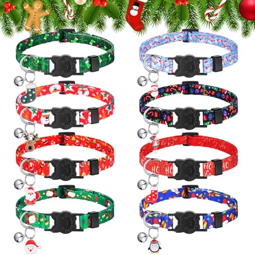 Abbylike 8 Stück Weihnachts-Halsbänder mit Glocke, Schneeflocke, Schneemann, verstellbar, weiches Nylon, Kätzchen-Halsbänder mit Schnalle, Katzenhalsband, Zubehör für Katzen, kleine Hunde, Kätzchen, von Abbylike