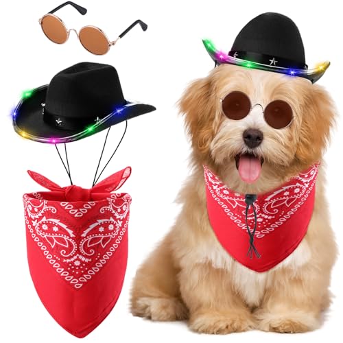 Abbylike Cowboy-Kostüm für Hunde, Cowboy-Kostüme für Hunde, LED-Cowboyhut mit Bandana, Schal und Sonnenbrille, Cowboyzubehör für Hunde und Katzen, 3 Stück von Abbylike