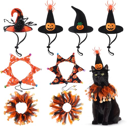 Abbylike Halloween-Kostüm für kleine Hunde und Katzen, Tutu-Halsband mit Glöckchen und Halloween-Kürbishut, Zaubererhut, Katzenkostüm, niedliches Kostüm, Kätzchen-Outfit für Katzen und kleine Hunde, von Abbylike