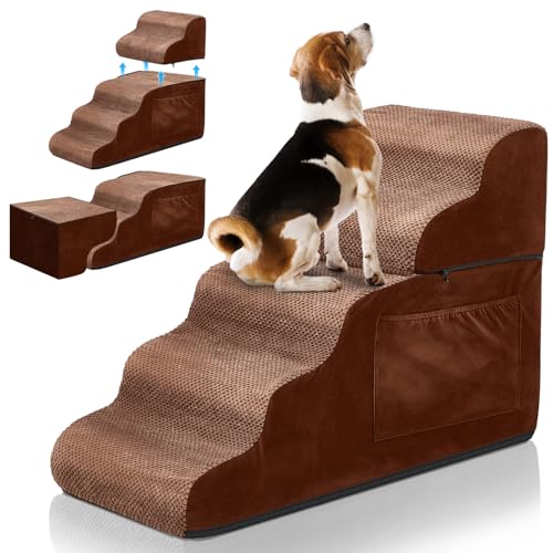 Abbylike Hundetreppe mit 5 Stufen, Schaumstoff-Hundetreppe mit abnehmbarem Bezug und Aufbewahrungstasche, 57 cm hoch, rutschfest, weiche Hunderampe für Bett, Sofa, Couch, kleiner Hund, Braun von Abbylike