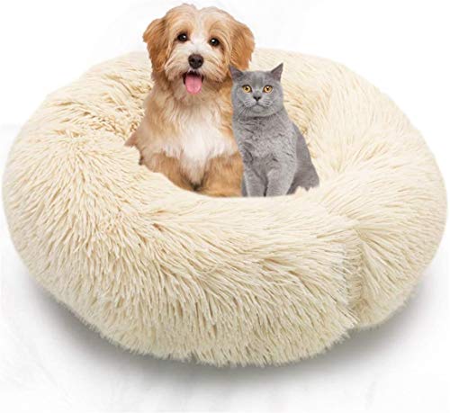 Abcoll Plüsch Dog Cat Bed Hundekörbe, Haustierbett Katzenkorb Hundekissen Flauschig Waschbar, Warme Rundes Donut Katzenkörbchen, Verschiedene Größen (Farbe : Beige, Größe : M-19.7" x 7.9") von Abcoll