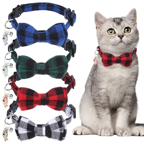 Klassische karierte Katzenhalsbänder mit Glöckchen, Breakaway-Kätzchen-Halsband, verstellbar, 17,8–30,5 cm, festliches Katzenhalsband mit Fliege für Katzen, Haustierzubehör, Weihnachtsstimmung, 4 von Abeillo