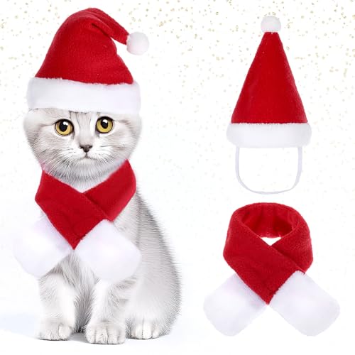 Weihnachtskostüm für Katzen, Abeillo Weihnachtsmütze und Schal für Klein Hund Katze, Katzen Hunde Weihnachtskostüm für Rot Katzenbekleidung Hundebekleidung Weihnachts Outfit Geschenk (L) von Abeillo