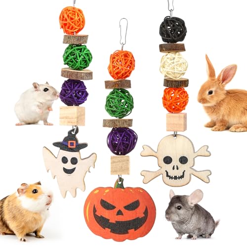 Abizoo Halloween Kaninchen Spielzeug Set, 3 Stück Halloween Hasen Kauspielzeug Kaubälle Holz Nager Zubehör für Meerschweinchen, Chinchilla, Hasen,Hamster,wellensittich,Papagei Zähneknirschen von Abizoo