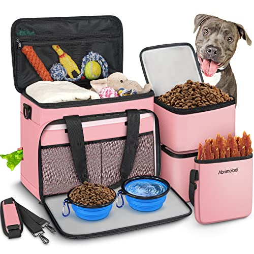 Abrimelodi 6-teiliges Hunde-Reisetasche, großes Haustier-Reise-Set für Zubehör, enthält 2 Futterbehälter, 1 Reise-Organizer für Hunde, 2 faltbare Näpfe, 1 Leckerlibeutel, rosa Geschenk für Frauen von Abrimelodi