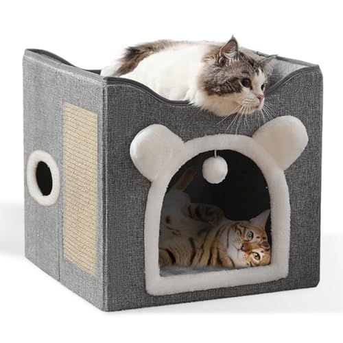 Katzenbetten für Hauskatzen, faltbares Doppel-Katzenzelt, tragbares großes Katzenhausbett, Höhlennest mit flauschigem Ball und Kratzpolster, luxuriöses Haustierbett für mehrere kleine Haustiere, große von Abuandi