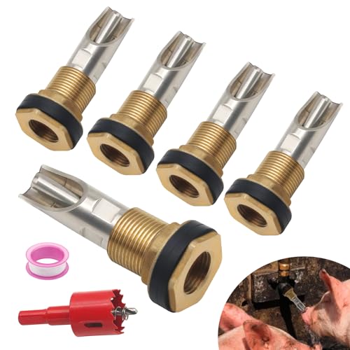 5 Stück Edelstahl 1/2 Zoll NPT Automatische Schweine-Nippel-Trinker + Messing-Wassertank-Anschluss-Schott-Montageset für Ferkel, Schweine-Trinken (mit Lochsäge) von Abustle pig