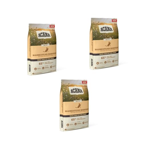 Acana Homestead Harvest | 3er Pack | 3 x 340 g | Trockenfutter für ausgewachsene Katzen | Enthält Huhn, Truthahn und Ente im GanzeBeute-Verhältnis von Geflügel | Mit Knochen von Acana