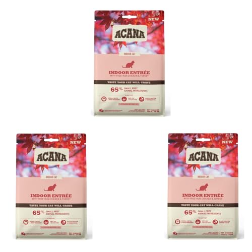 Acana Indoor Entrée | 3er Pack | 3 x 340 g | Trockenfuttermittel für ausgewachsene Katzen | Reich an tierischen Proteinen aus Huhn und Truthahn | Mit Omega -3 und -6-Fettsäuren von Acana