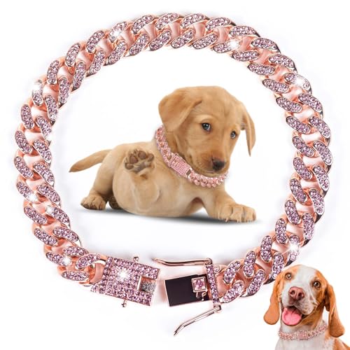 Hundehalsband, Diamant-Glieder-Hundehalsband, Metall-Katzenkette mit sicherer Schnalle, Haustier-Kristall-Halsband für kleine, mittelgroße und große Hunde, Katzen (Rosa, 40,6 cm) von AccEncyc