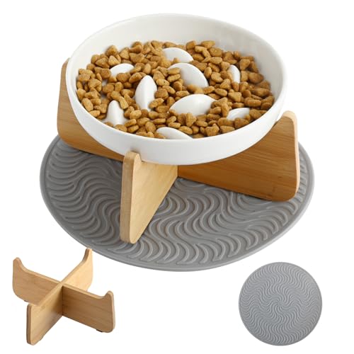 Hundenapf für langsames Fressen aus Keramik für kleine Rassen, Katzennapf mit Holzständer und Silikon-Pad, Fisch-Pool-Design, Puzzle-Futterspender für Trocken- und Nassfutter, 10,7 cm von AccEncyc