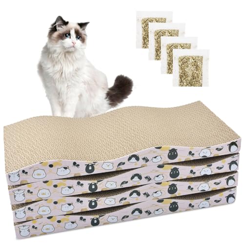 Katzenkratzbrett, 4 Stück, Katzenkratzmatte mit Katzenminze, doppelseitiges Pad mit Premium-Kratzstrukturen, gebogener Katzenkratzer für Indoor-Katzen zum Ausruhen, Krallen schleifen und Spielen von AccEncyc