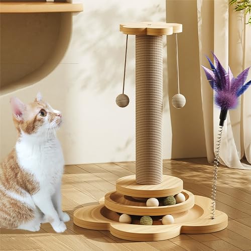 Accmuzzy 4 in 1 Katzenspielzeug hölzernes, Katze Sisal Seil Kratzbaum mit hängenden Ball, Interaktives Katzenspielzeug mit Kratzbaum für Katzen mit Katzenminze Bälle(29 * 46cm) von Accmuzzy