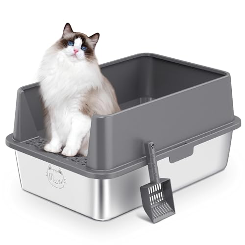 Accmuzzy XXL Edelstahl Katzenklo,Spritzwassergeschütztes Großes Halbgeschlossenes Katzenklo Edelstahl mit Hohem Rand,Edelstahl Katzentoilette mit Schaufel,für Große Katzen,Cat Litter Box von Accmuzzy