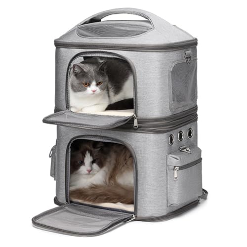 Cat-Rucksackträger für 2 Katzen Doppelkompartiment Haustierträger- für 2 Kleine Katzenhunde und Kaninchen Abnehmbares Design für das Reisen Camping 41x31x65 cm (Grey) von Acouto