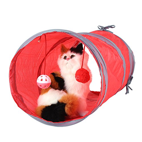 Acouto Katzentunnel Spielzeug Kötzchen Spielen Rohr Haustier Mit Tinkle Bell & Plüsch Ball für Indoor-Katze (Rot) von Acouto