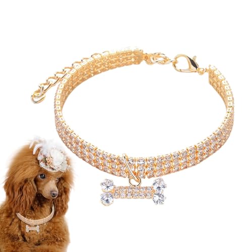 Acunny Welpenhalsband, glitzerndes Hundehalsband, 3-reihiger glänzender Strassknochenanhänger | Halsband mit Knochenanhänger für Haustiere, glitzernde Strasssteine, verstellbar, Schmuck aus von Acunny