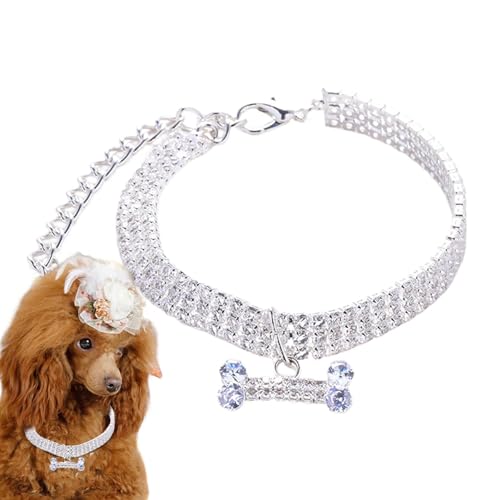 Acunny Welpenhalsband, glitzerndes Hundehalsband | Haustierhalsband aus Strass, Knochenanhänger, glitzernder Strass, 3 Reihen, eleganter Hochzeitsschmuck für kleine Tiere von Acunny