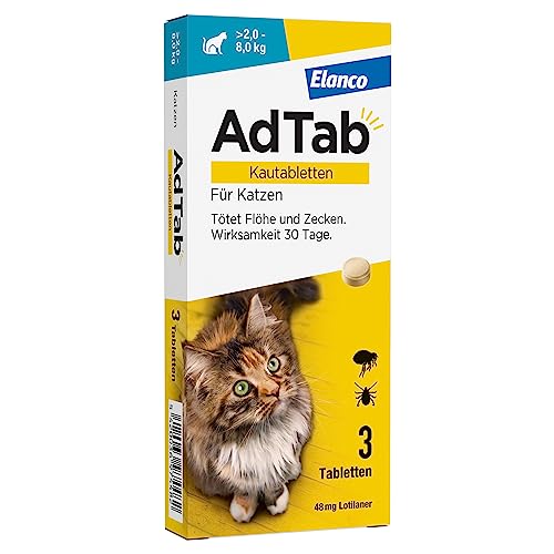 AdTab Floh- und Zeckenschutz für Katzen von über 2 bis 8 kg, Kautablette gegen Zecken und Flöhe, Schutz und Behandlung für 1 Monat, einfach zu verabreichen (3 St. pro Packung) von AdTab