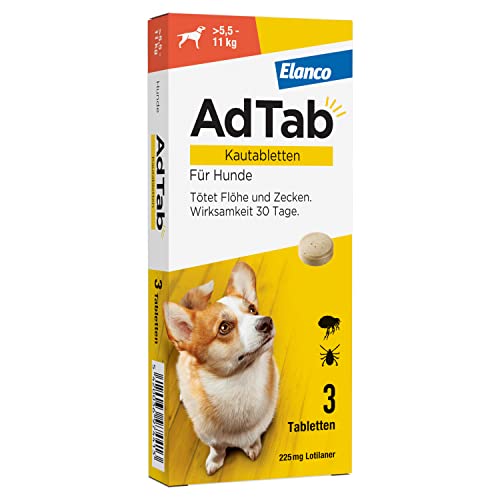 AdTab Hunde Zecken- und Flohschutz (über 5,5 bis 11 kg), Kautablette tötet Zecken und Flöhe schnell ab und schützt einen Monat lang, leicht zu verabreichen (3 St. pro Packung) von AdTab