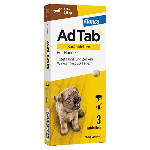 AdTab Hunde Zecken- und Flohschutz (> 1,3 bis 2,5 kg), Kautablette tötet Zecken und Flöhe schnell ab und schützt einen Monat lang, leicht zu verabreichen (3 St. pro Packung) von AdTab