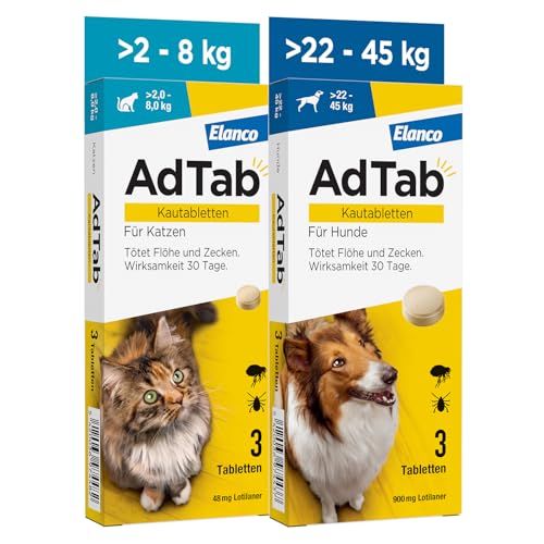 AdTab Kombi-Set: Zecken- & Flohschutz für eine Katze mit >2-8 kg und einen Hund mit >22-45, 2 Packungen mit je 3 Kautabletten, einfach zu verabreichen & schmackhaft AdTab Kombi-Set: Zecken- & Flohschutz für eine Katze mit >2-8 kg und einen Hund mit >22-45, 2 Packungen mit je 3 Kautabletten, einfach zu verabreichen & schmackhaft von AdTab