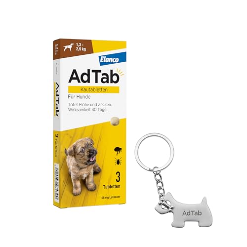 AdTab Promo-Set: Hunde Zecken- und Flohschutz (über 1,3 bis 2,5 kg) mit Schlüsselanhänger, Kautablette tötet Zecken und Flöhe schnell ab und schützt einen Monat lang, 3 Kautabletten von AdTab