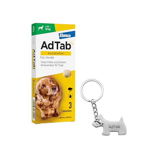 AdTab Promo-Set: Hunde Zecken- und Flohschutz (über 11 bis 22 kg) mit Schlüsselanhänger, Kautablette tötet Zecken und Flöhe schnell ab und schützt einen Monat lang, 3 Kautabletten von AdTab