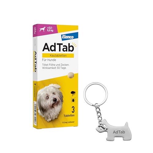 AdTab Promo-Set: Hunde Zecken- und Flohschutz (über 2,5 bis 5,5 kg) mit Schlüsselanhänger, Kautablette tötet Zecken und Flöhe schnell ab und schützt einen Monat lang, 3 Kautabletten von AdTab