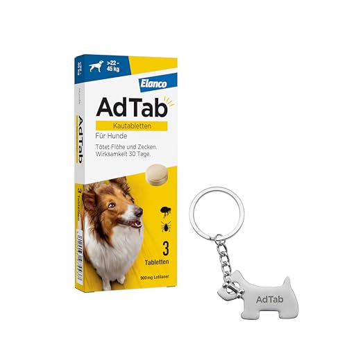 AdTab Promo-Set: Hunde Zecken- und Flohschutz (über 22 bis 45 kg) mit Schlüsselanhänger, Kautablette tötet Zecken und Flöhe schnell ab und schützt einen Monat lang, 3 Kautabletten von AdTab