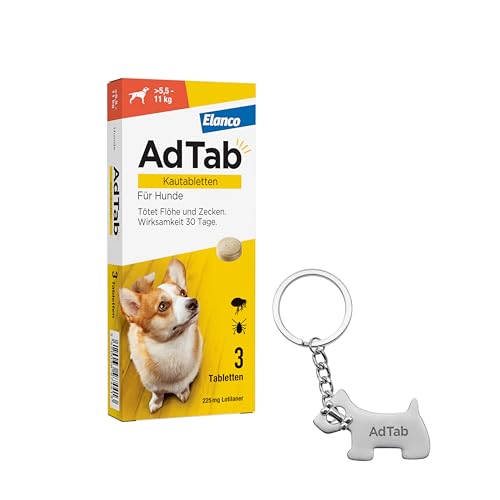 AdTab Promo-Set: Hunde Zecken- und Flohschutz (über 5,5 bis 11 kg) mit Schlüsselanhänger, Kautablette tötet Zecken und Flöhe schnell ab und schützt einen Monat lang, 3 Kautabletten von AdTab