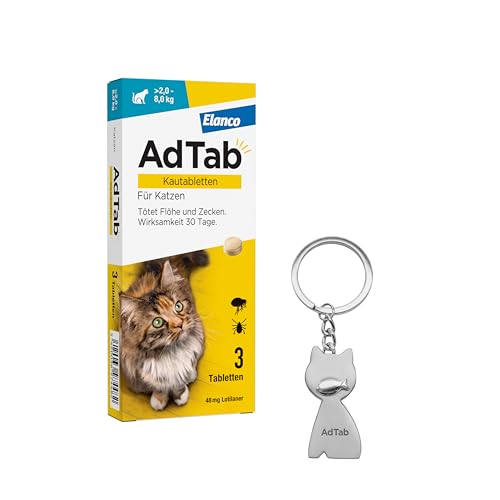 AdTab Promo-Set: Katzen Zecken- und Flohschutz (über 2 bis 8 kg) mit Schlüsselanhänger, Kautablette tötet Zecken und Flöhe schnell ab und schützt einen Monat lang, 3 Kautabletten von AdTab