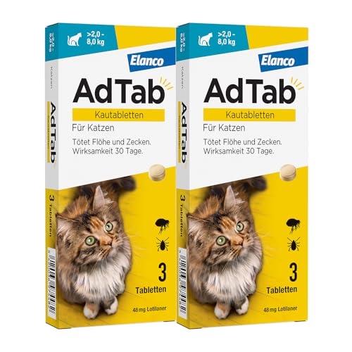 Sparset: Doppelpackung AdTab Floh- und Zeckenschutz für Katzen von über 2 bis 8 kg, Kautablette gegen Zecken und Flöhe, Schutz und Behandlung für 1 Monat, einfach zu verabreichen (3 St. pro Packung) von AdTab