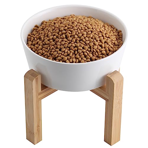 Addogyy Weißer erhöhter Hundenapf aus Keramik mit Holzständer für mittelgroße und große Rassen, Hundefutter, Wassernapf, schwer, rutschfest, modern, niedlich, Porzellan, extra große breite Öffnung von Addogyy