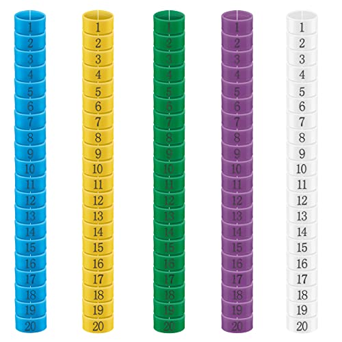 Adhafera Hühnerbeinbänder in fünf Farben, 100 Stück Hühneranhänger für Beine mit Zahlen, buntes Beinband für Huhn, Tauben, Lovebird, Coturnix, Wachtel, Gans, Truthahn von Adhafera
