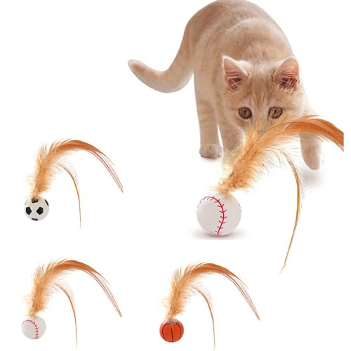 Adius Interaktives Federball-Spielzeug für Katzen – 3er-Set Hüpfbälle mit Federn, Gummi-Katzenspielzeug zur Förderung von Bewegung Katze Federbälle für Indoor Outdoor Interaktion von Adius