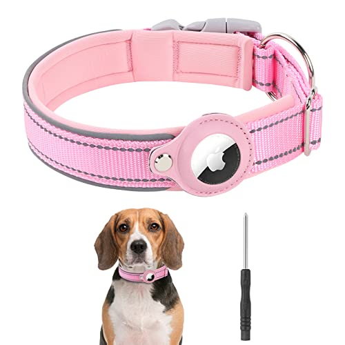 Adiwo AirTag Halsband,Reflektierendes Airtag Hundehalsband Nylon Hunde Halsband Verstellbare Hundehalsband mit AirTag Hundehalsbandhalter Verlust Verhindern für Kleine und Mittelgroße Hunde Pink-L von Adiwo