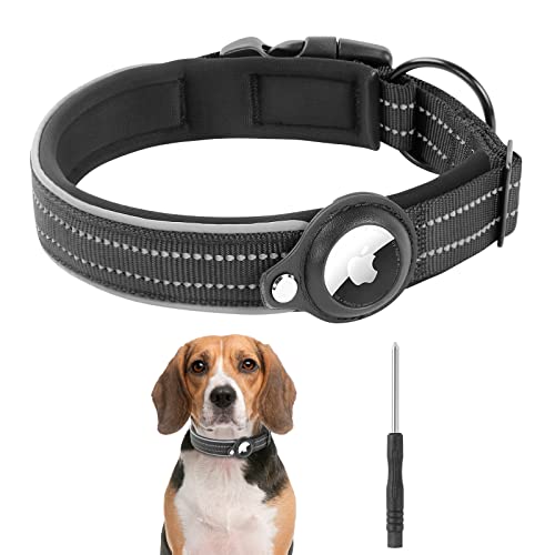 Adiwo AirTag Halsband,Reflektierendes Airtag Hundehalsband Nylon Hunde Halsband Verstellbare Hundehalsband mit AirTag Hundehalsbandhalter Verlust Verhindern für Kleine und Mittelgroße Hunde Schwarz-L von Adiwo