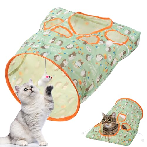 Adiwo Faltbar Katzentunnel Katzenspielzeug, Rascheltunnel für Katzen Katzentunnel Tasche mit Plüschball Haustiertunneltasche Tunnel Interaktive Katze Bohrer Tasche Für Training Laufen 50x44.5CM Grün von Adiwo