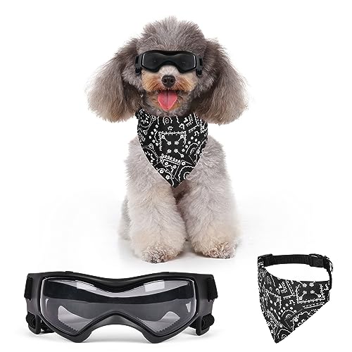 Adiwo Hundebrille,Wasserdicht Hundeschutzbrille mit Hundehalstuch Anti-UV Schutz Hunde Sonnenbrille mit Einstellbar Gummiband Winddichte Schutzbrille Motorradbrille für Kleine Mittelgroße Hunde -M von Adiwo