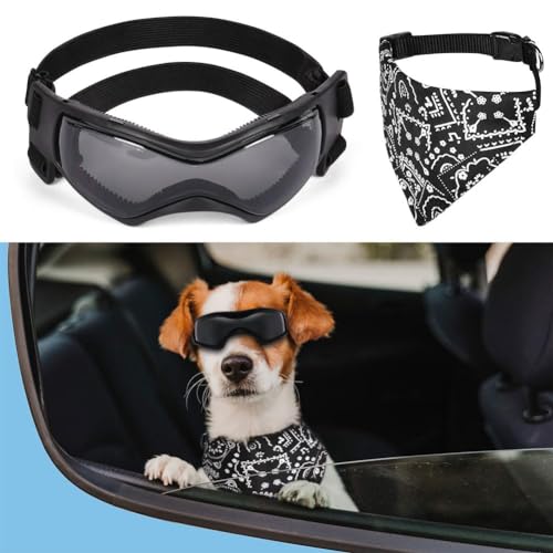 Adiwo Hundebrille,Wasserdicht Hundeschutzbrille mit Hundehalstuch Anti-UV Schutz Hunde Sonnenbrille mit Einstellbar Gummiband Winddichte Schutzbrille Motorradbrille für Kleine Mittelgroße Hunde -S von Adiwo